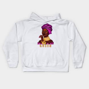 Queen - yass queen - Black is beautiful black girl with Gold bangles, neck ring necklace, purple dress and head wrap, brown eyes and dark brown skin ! Kids Hoodie